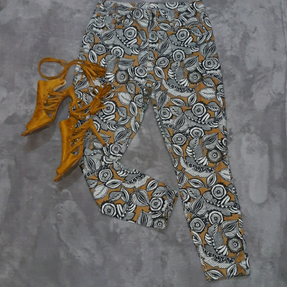 LOFT Black, White & Mustard Floral Skinny Jeans
